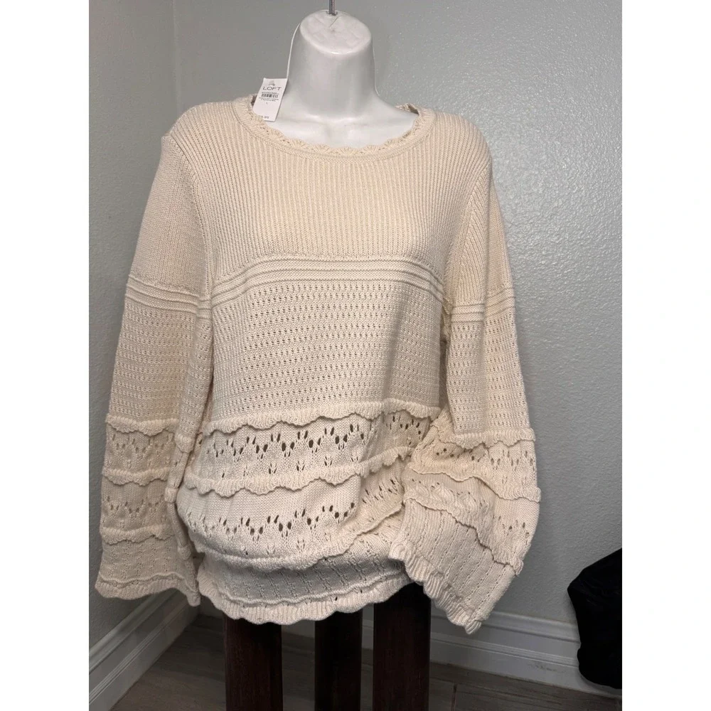 LOFT Cream Cotton Tiered Ruffle Pointelle Sweater Lace Boho L Cottagecore Earthy